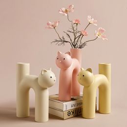 Vases Cute Cat Art Vase Desktop Ornaments Ceramic Hydroponic Flower Arrangement Home Decor Garden Decoration 230731