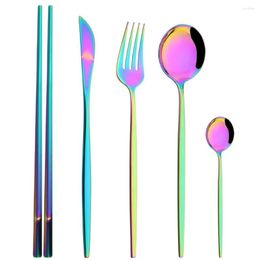 Dinnerware Sets Drmfiy Raibnow 5Pcs Stainless Steel Tableware Fork Knife Spoon Chopsticks Cutlery Set Western Kitchen Flatware