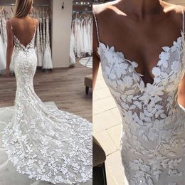 Fabulous Lace Appliqued Mermaid Wedding Dresses Spaghetti Straps Sexy Open Back Bridal Gowns Vintage Court Train Arabic Aso Ebi Ve254Q