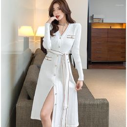 Casual Dresses One-Piece White Knitted Dress Female 2023 Autumn Winter French Elegant V-Neck Single-Breasted Midi Sweater For Women