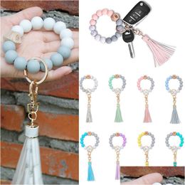 Keychains Lanyards Wooden Tassel Bead String Bracelet Keychain Food Grade Sile Beads Bracelets Women Girl Key Ring Wrist Strap Beade Otj3M