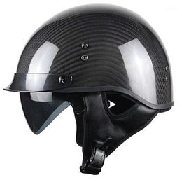 Voss 888CF Genuine Carbon Fibre DOT Half Helmet with Drop Down Sun Lens and Metal Quick Release - S - Gloss Carbon1308M