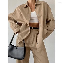 Women's Two Piece Pants Alieneon Korean Casual Khaki Set Ladie Autumn Winter Loose Shirts Long Sleeve For Women Outfit Office Cotton