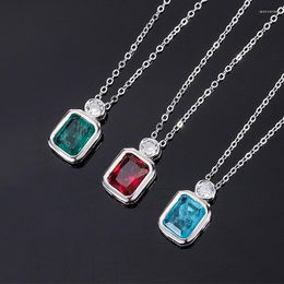 Chains Classic 7.6 9.6mm Lab Created Square Ruby Emerald Sapphire Pendant Real Silver 925 Necklace For Women Party Gift