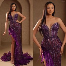 Runway Dresses Charming Purple Feathers Prom Sweetheart Lace Sleeveless Evening Dress Custom Made Beading Side Split Party Gown