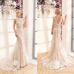 Modest Full Lace Mermaid Wedding Dresses Bateau Neck Backless Sweep Train Bow Knot Wedding Dress Bridal Gowns vestidos de novia256c