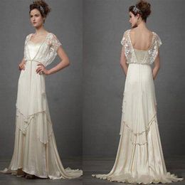 Vintage Elfenbein 1920er Brautkleider mit Ärmeln Catherine Deane Lita Modest Fairy Lace Chiffon V-Ausschnitt in voller Länge 2018 Bridal Gow236C