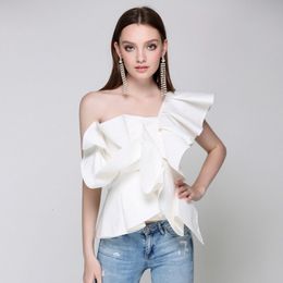 Womens Blouses Shirts Quality Est High Designer Blouse Tops One Shoulder Asymmetrical Ruffle Shirt 230729