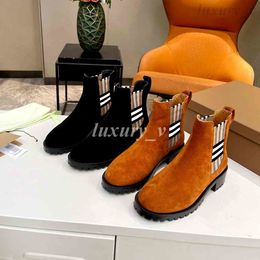 Designer Ankle Boots Women Vintage Cheque Leather Chelsea Boots Desert Boot Striped Brown Shoes Fashion Winter Coarse Heel Shoes