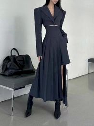 Two Piece Dress UNXX 2023 Elegant Korean Fashion Casual Woman Lapel Suit Vintage Blazer Asymmetric Pleated Skirt Two-piece Women Office Lady