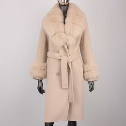 Women's Fur Faux Fur 2023 Winter Jacket Women Long Natural Wool Blends Cashmere Real Fur Coat Double Breasted Belt Warm Loose Streetwear New Fashion HKD230727