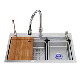Thickened SUS304 Stainless Steel Kitchen Sink Large Single Tank Vegetable Washing Basin Cutting and Draining Hand Basin