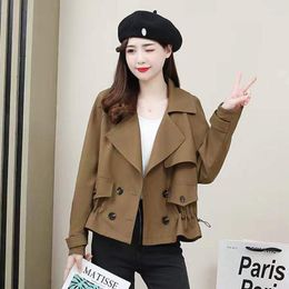 Women's Trench Coats Windbreaker Short 2023 Spring And Autumn Polo Collar Double Breasted Long Sleeve Solid