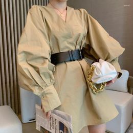 Casual Dresses Deeptown French Elegant Khaki Shirt Dress Women Korean Style Office Lady Belt V-neck Long Lantern Sleeve Tunic