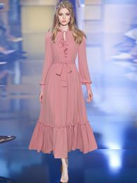 Casual Dresses Runway Autumn Long For Women 2023 Elegant Pink Maxi Holiday Vestidos Full Sleeve Party Aline Robe Femmes XXL