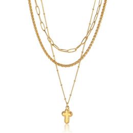 Chains Women Necklace Stack Set Layered Gold Colour Stainless Steel Paperclip Wheat Satellite Link Chain 3pcs Tiny Cross Charm LDN2266V