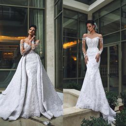 Sexy Off Shoulder Long Sleeves Lace Mermaid Wedding Dresses With Detachable Train Luxury Applique Beaded Dubai Arabic Bridal Gowns303d