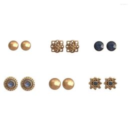 Stud Earrings Europe Style Vintage Antique Gold Color Ball Navy Stone Floral Engraved Disc 6 Pair For Women Girl