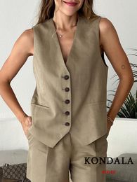 Women's Two Piece Pants KONDALA Office Lady Brown 2 Piece Blazer Women Sets Fashion Retro Linen Vest Blazer WomenHigh Waist Shorts Suits 230729