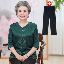 Women's Two Piece Pants Fdfklak High End Womens Outfits Middle-Aged Elderly Mother Sets Grandma Simulation Silk Shirt Pant Suit XL-5XL