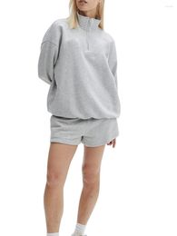 Women's Tracksuits Women S Cozy Lounge Set Oversized Sweater And Comfy Shorts Combo - Stylish 2-Piece Tracksuit With Quarter Zip Sweatshirt