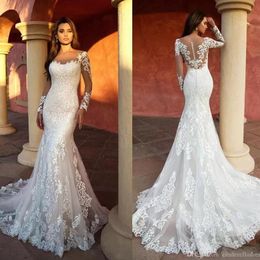 2023 Modern Mermaid Wedding Dresses 3D Appliqued Lace Sheer Neck Long Sleeve Bridal Gowns Illusion Wedding Dress robe de mariee GB281a