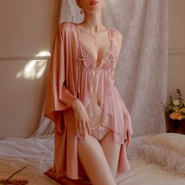 Sexy Women's Silk Bathrobe Nightdress Lingerie Nightwear Suspenders Nightgown Robe 2 Piece Set Transparent Sheer Sleeping Dress L230626