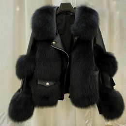 Women's Fur Faux Women New Fashion Autumn And Winter Leather Jacket Tops Warm Casual Coats Elegant White Black PU 3XL Overcoat HKD230727