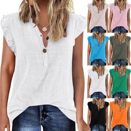 Women's Polos Women Soild V Neck Button Tank Tops Ruffled Sleeves Swing T Shirts Casual Blouses