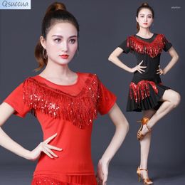 Stage Wear Latin Dance Summer Sequined Tassel Short-Sleeved Blouse Square Costume