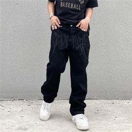 Men's Jeans Black High Street American Vintage Embroidered Letters Waist Straight Hip Hop Loose