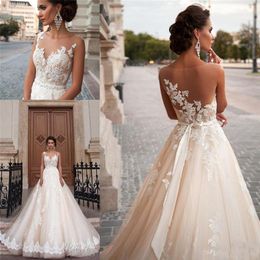 Illusion Neckline Lace Pearls Sexy Back Modest Plus Size Bridal Gowns Vintage Mila Nova Champagne Princess Wedding Dresses277E