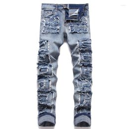 Men's Jeans Spring Autumn Punk Trend Blue Hole Slim Seans Stickers Fashion Biker Pencil Pants Patches Mid-Waists Casual Men Clothing