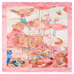 Scarves 60cm 2023 Big Size Women High Quality Imitated Silk Satin Shawl Square Scarf Oil Painting Lotus