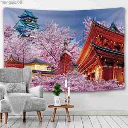 Carpets Tapestry Aesthetics Cherry Blossom Tapestry Pink Wall Mount Fuji Wall Carpet Ancient Temple Home Decoration R230731
