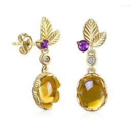 Dangle Earrings Natural Citrine Stone S925 Sterling Silver 9k Gold-plated Zircon Amethyst Yellow Crystal Drop Earring Women