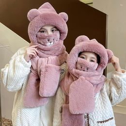 Hats Scarves Sets Scarves Scarves 4-in-1 Glove Scarf Bear Hat Cute Cartoon Cap Kawaii Funny Birthday Gift Plush Winter Parent-Child Gloves Mask Se