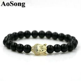 BPPCCR 8mm Onyx stone Gold-color Shiny CZ Buddha head Men Chakra Energy Yoga Bracelets Lucky Pulseira Anil Arjandas339O