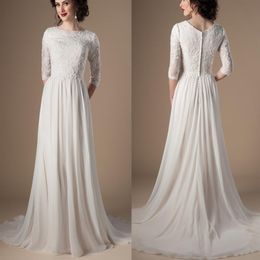 Ivory Champagne Modest Wedding Dresses With 3 4 Sleeves Beaded Lace A-line Chiffon Boho Informal Bridal Gown LDS Religious Wedding348P