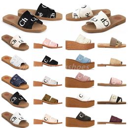 designer Woody sandals famous designer women Mules flat slides Light tan beige white black pink lace Lettering Fabric canvas slippers womens shoes L1