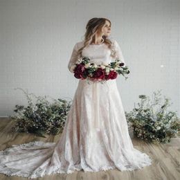 Elegant Lace A-line Modest Boho Wedding Dresses Long Sleeves Scoop Neck Lace Appliques Court Train Bridal Gowns With Buttons BC309276n