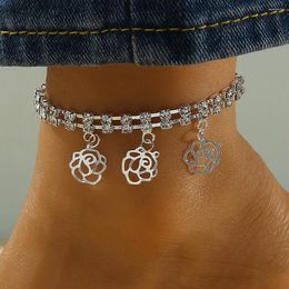 Anklets Flower Pendant Vintage Silver Color Double Row Zircona Beach Ankle Bracelet Jewelry For Women