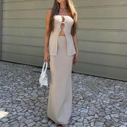 Two Piece Dress Women Summer 2 Outfits Slim Fit Ladies Strapless Top Long Skirt Solid Color Y2K Sexy Style Hollow Out Vacation Outfit