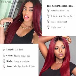 Synthetic Wigs Fashion Long Straight Wine Red Hair Wig Synthetic Ombre Black to Burgundy Heat Resistant Lace Front Wigs for Black Women 24inch Z230731