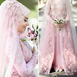 Vestidos de Noiva Muçulmanos Rosa Pérola Vestidos de Noiva 2021 Linha A Gola Alta Mangas Compridas 3D Renda Floral Dubai Árabe Sem Hijab Noiva 291p