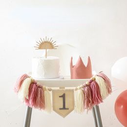 Banner Flags 1 Set Baby Shower Boy Blue Wooden Highchair Garland Kit Girl First Pink Party Hat Set Birthday Stage Property 230731
