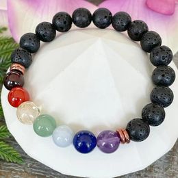 MG1908 8 MM Rock Lava Stone 7 Chakra Beads Bracelet Womens Gemstone Crown Chakra Wrist Mala Yoga Jewelry