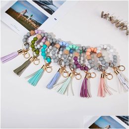 Keychains Lanyards 14 Colours Sile Key Ring Bracelet Beaded Wrislet Keychain Portable House Car Keys Holder With Tassel Keyring Bangl Ot84L