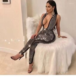 Women's Jumpsuits & Rompers 2023 Black Sleeveless Beading V Neck Backless Women Vestido Celebrity Bodycon Party Bandage Fashion