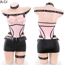 Ani Hot Girl Car Model Leather Locomotive Uniform Costume Women Sweet Pink Strap Hollow Bodysuit Short Skirt Cosplay cosplay